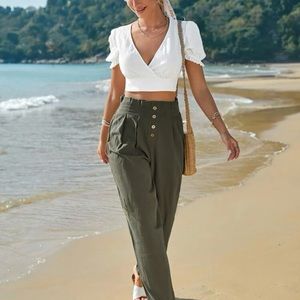 Frenchy High Waist Button Fly Fold Pleated Pants
